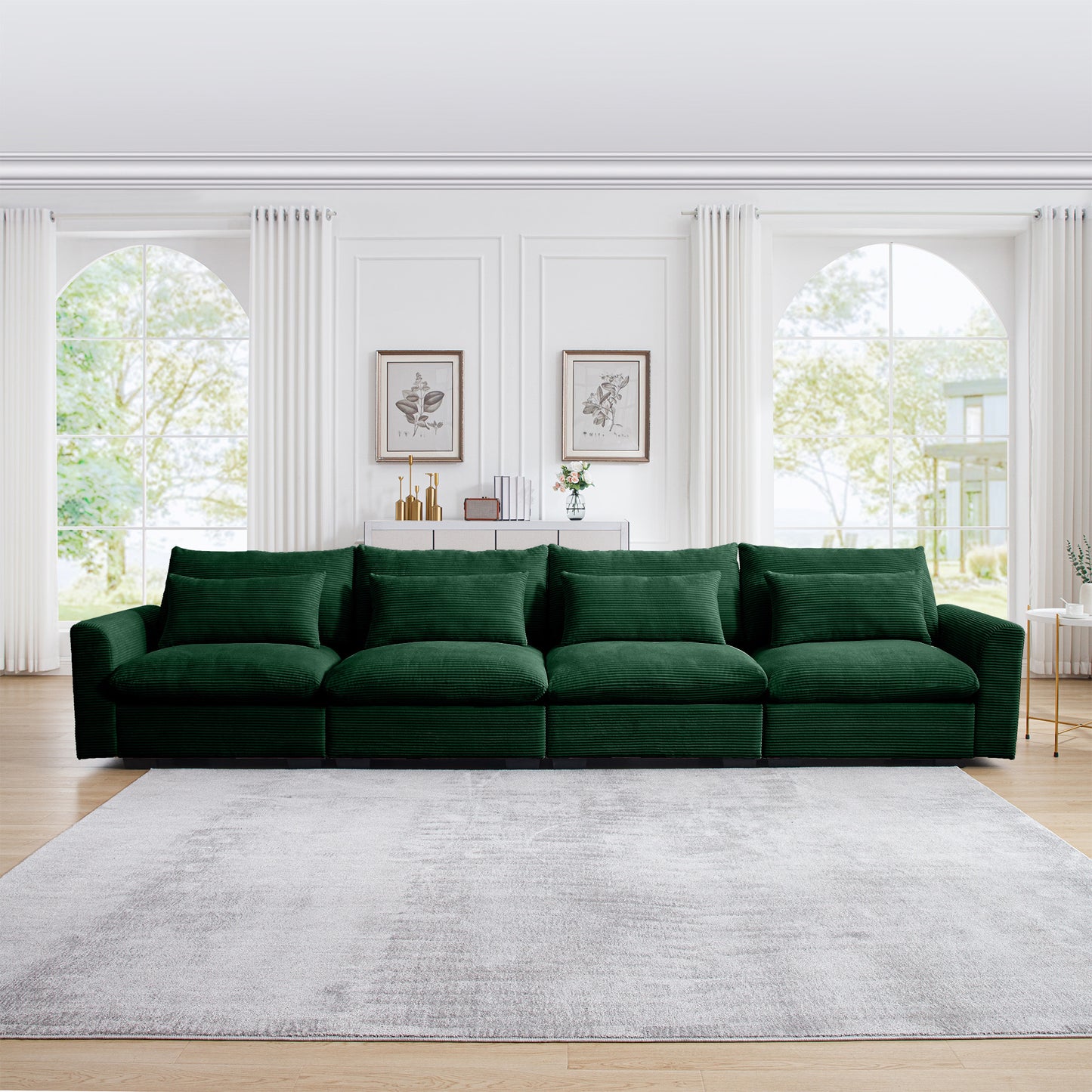 4 Seater Deep Seat Couches for Living Room, Comfy Green Corduroy Sofas for Living Room Modern with 4 Waist Pillows