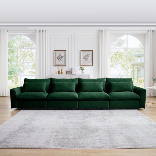 4 Seater Deep Seat Couches for Living Room, Comfy Green Corduroy Sofas for Living Room Modern with 4 Waist Pillows