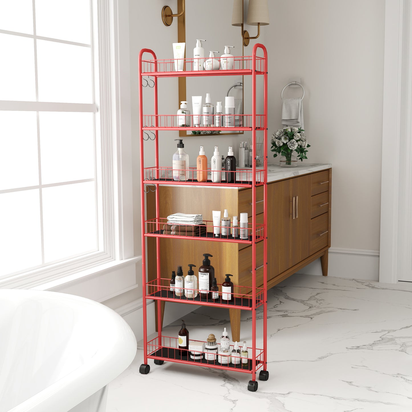 Red 6-Tier Rolling Cart Gap Kitchen Slim Slide Out Storage Tower Rack with Wheels,6 Baskets,Kitchen,Bathroom Laundry Narrow Piaces Utility cart