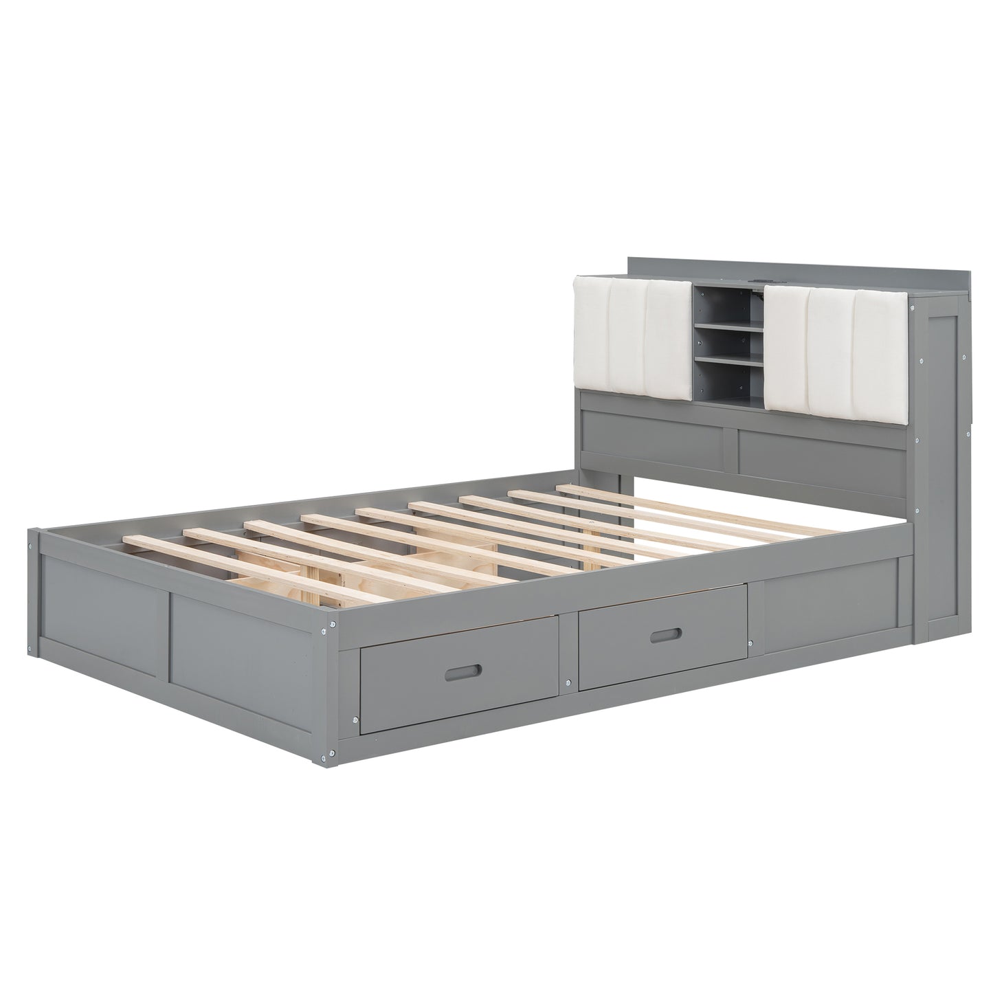 Wood Full Size Platform Bed with Storage Headboard and 4 Drawers, Gray