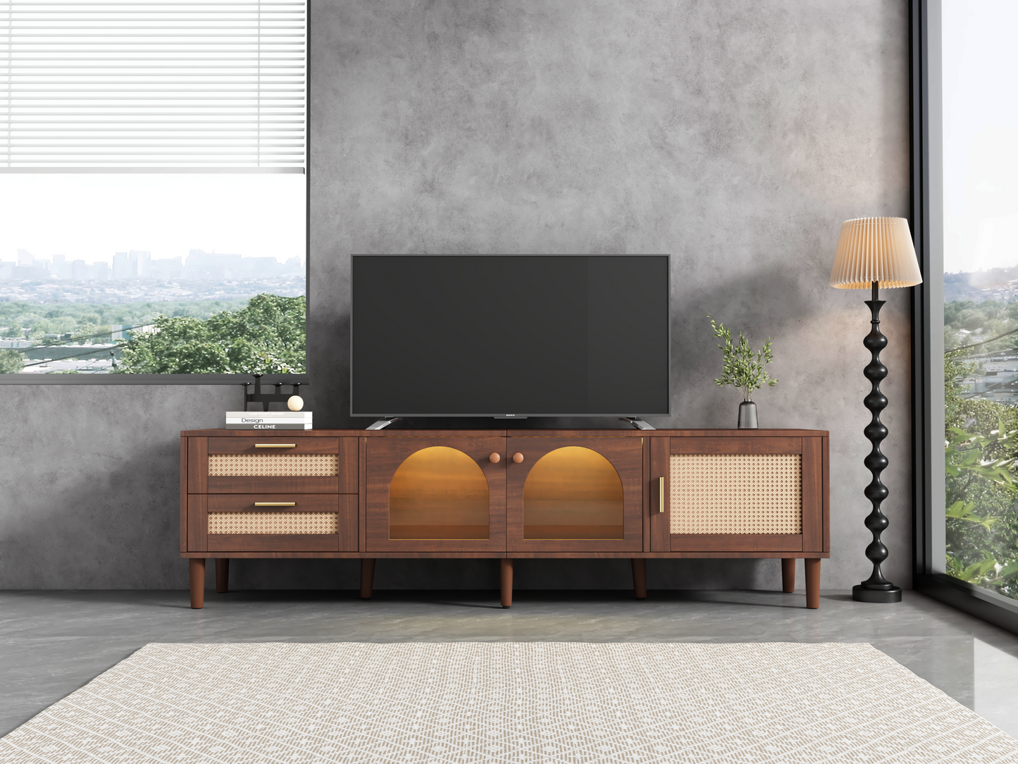 Rattan TV Stand with 3 Cabinets & 2 Drawers, Rattan-inspired Media Console Table for TVs up to 80'', LED Light Entertainment Center, TV cabinet for Living room, Bedroom, Home Theatre