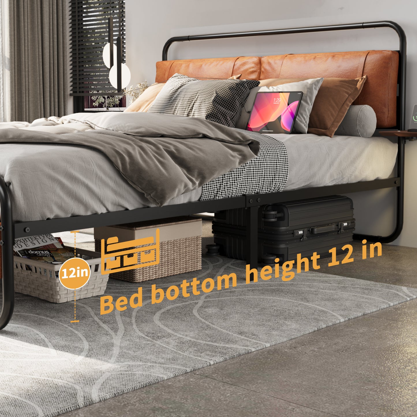 King Size Metal Bed Frame with Upholstered Headboard,  with wireless charging and USB A & USB C, Touch LED light,Oval-Shaped Platform Bed with Under-Bed Storage, No Box Spring Needed, Vintage Brown