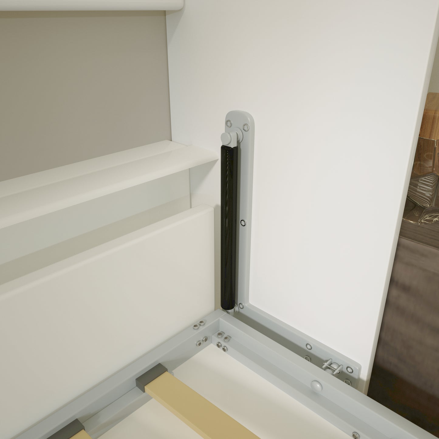 Full Size Vertical Murphy Bed with Shelf and Drawers for Bedroom or Guestroom White Wall Bed Space Saving Hidden Bed, updated Gas Strut design.