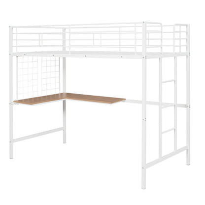 Twin Metal Loft Bed with Desk and Metal Grid,White