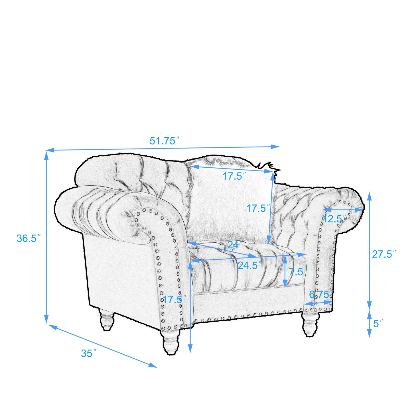 3 Piece Living Room Sofa Set, including 3-Seater Sofa, Loveseat and Sofa Chair, with Button and Copper Nail on Arms and Back, Five White Villose Pillow, Grey.