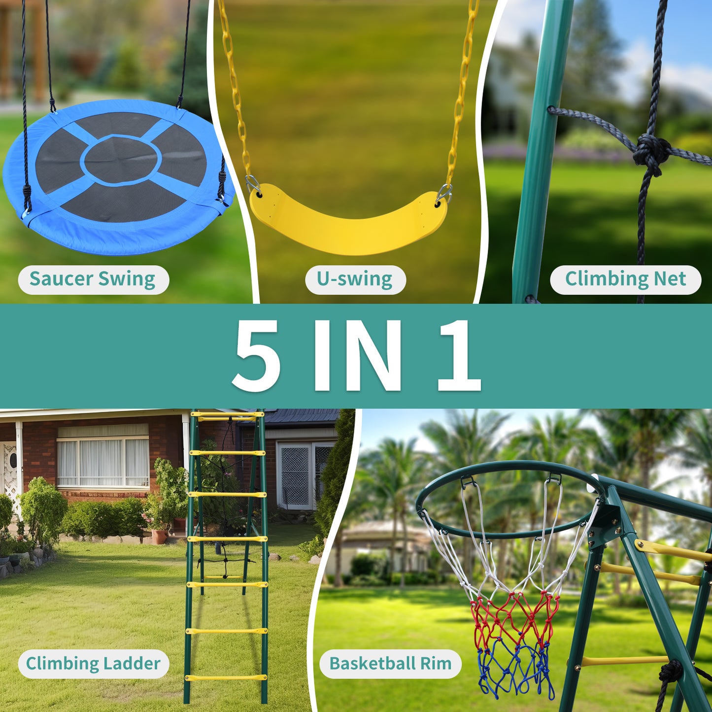 Swing Set for Kids Outdoor Backyard Playground Swing Set with Ladder and Basketball Hoop