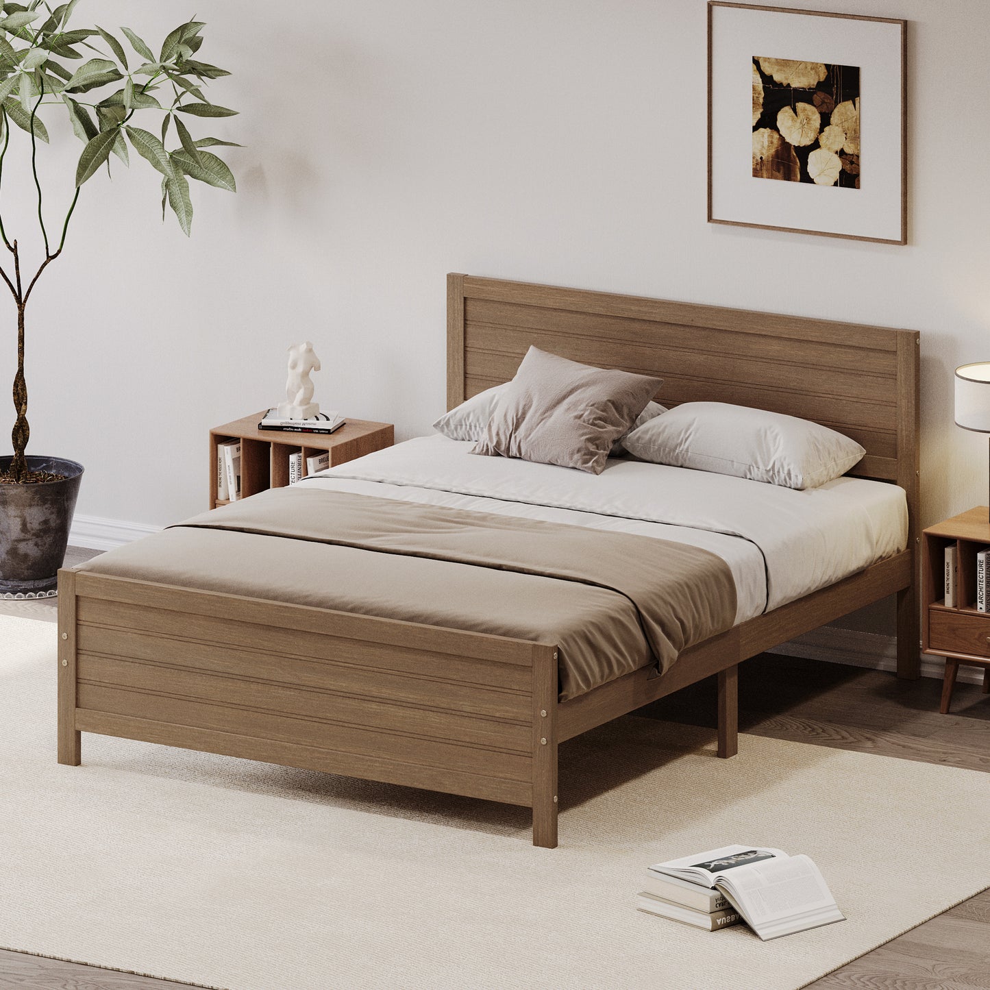 Wood Platform Bed Frame with Headboard, Mattress Foundation with Wood Slat Support, No Box Spring Needed, King Size, Walnut