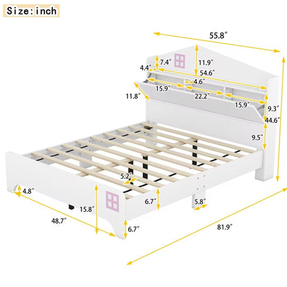 Wooden Full Size House Bed with Storage Headboard ,Kids Bed with Storage Shelf,White