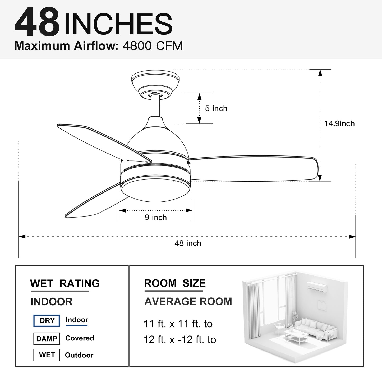 Smart 48 in. integrated LED Balck Ceiling Fan with Remote Contorl and Plywood Blades