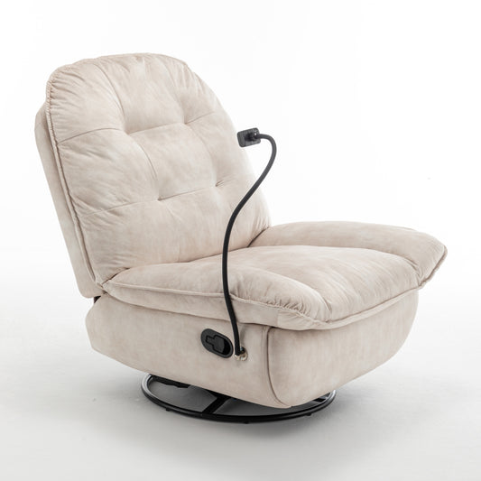 Modern Ivory Swivel Gliding Recliner Chair with Rocking Function and Phone Holder - Large Comfortable Reading Chair in Gold Stamped Velvet