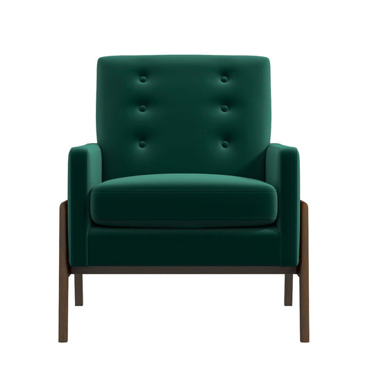 Cole Mid-Century Modern Solid Wood Lounge Chair with Velvet Upholstery in Green
