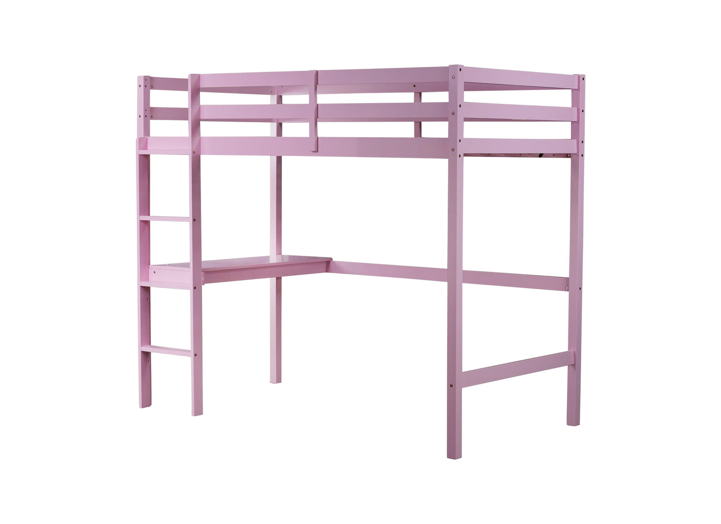 Twin High Loft Bed, Rubber Wood  Loft Bed with Safety Guardrail, built-in desk, ladder,Pink