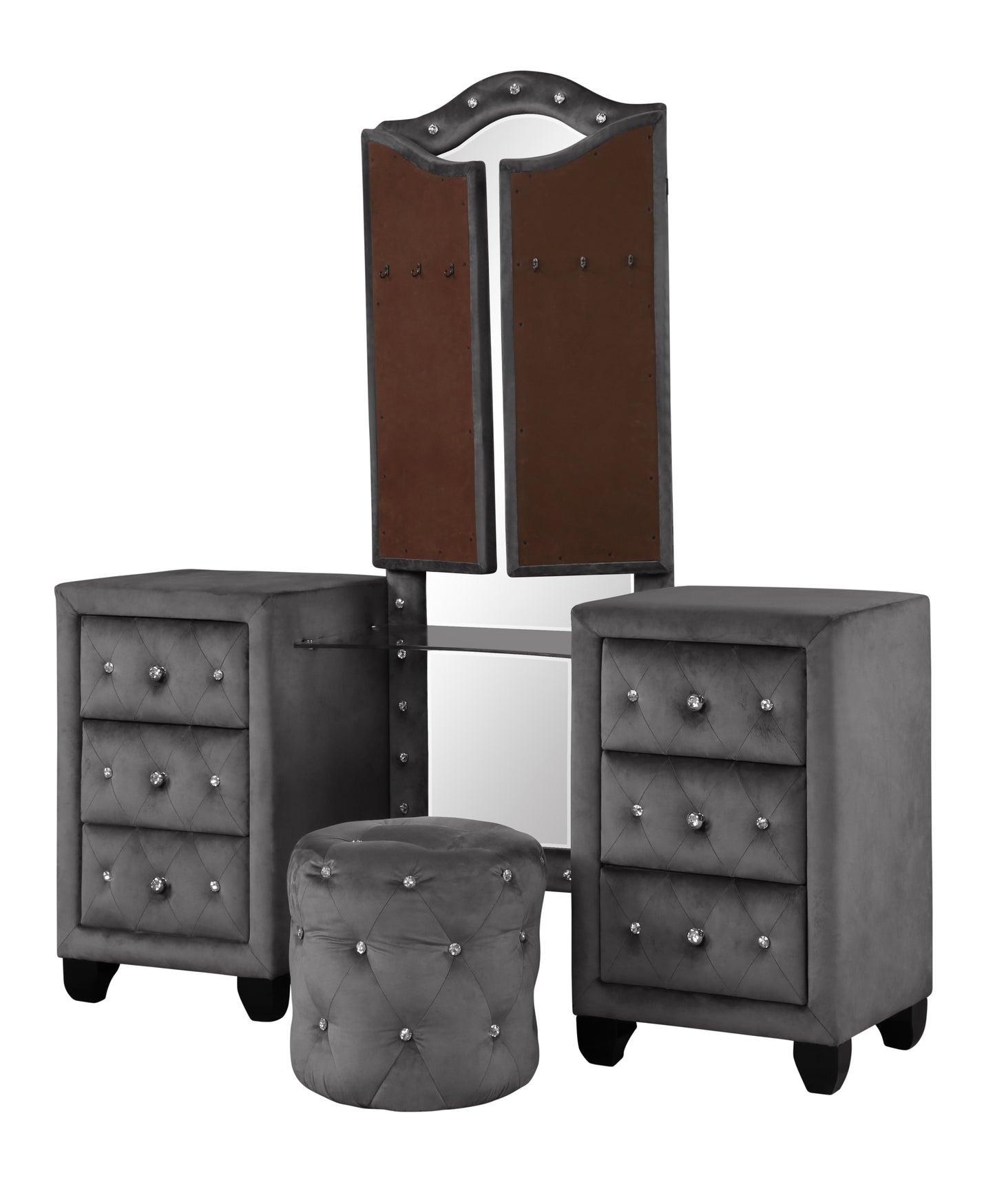 Modern Style Crystal Tufted Upholstery 6-Drawer Vanity Set with Stool, finished with Velvet Fabric made with Wood in Gray