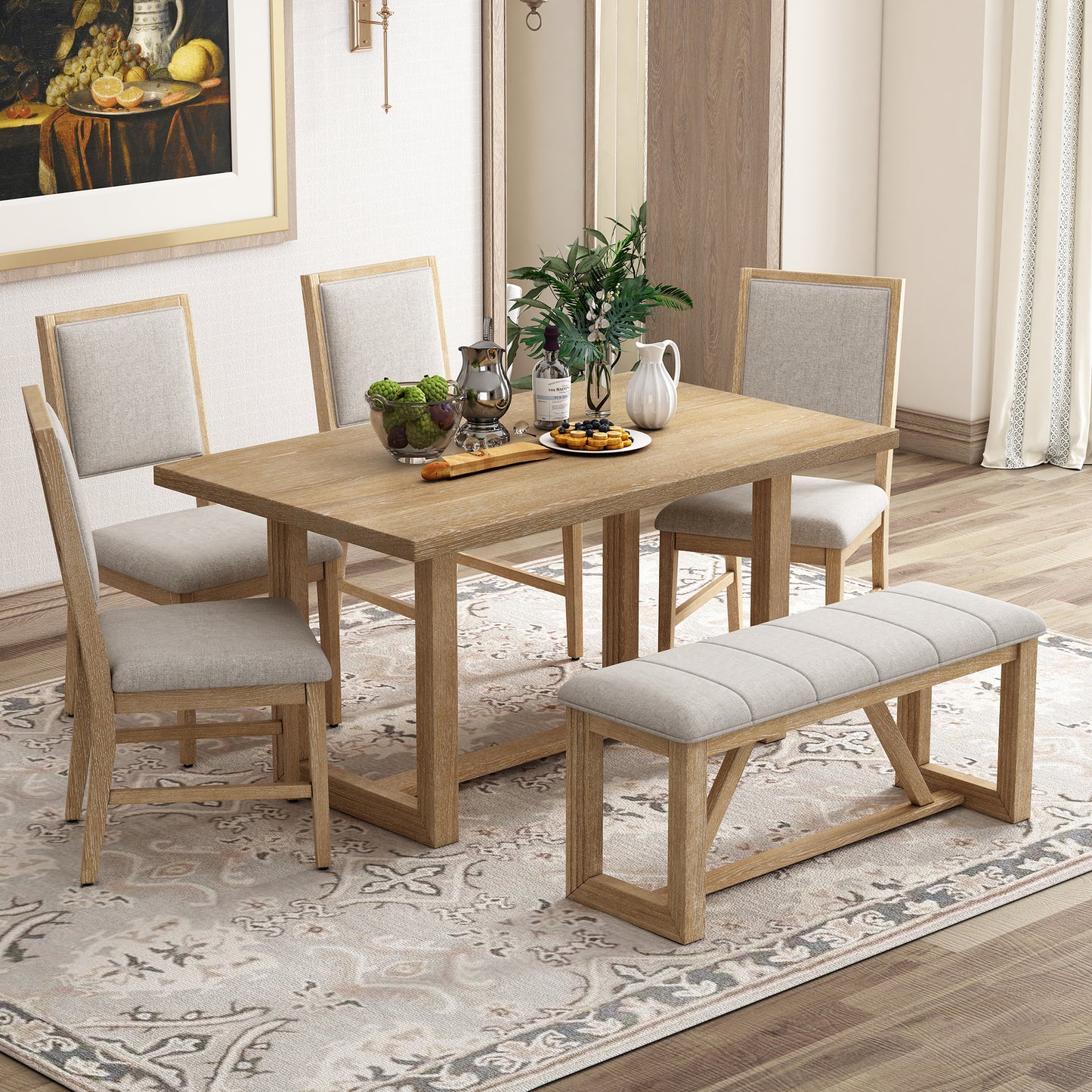 TREXM 6-Piece Retro Dining Set, 1 Rectangular Table with Designed Trestle Base and 4 Upholstered Chairs and 1 Bench for Dining Room and Kitchen (Natural)