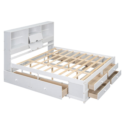 King Size Platform Bed with Storage Headboard and 8 Drawers, White