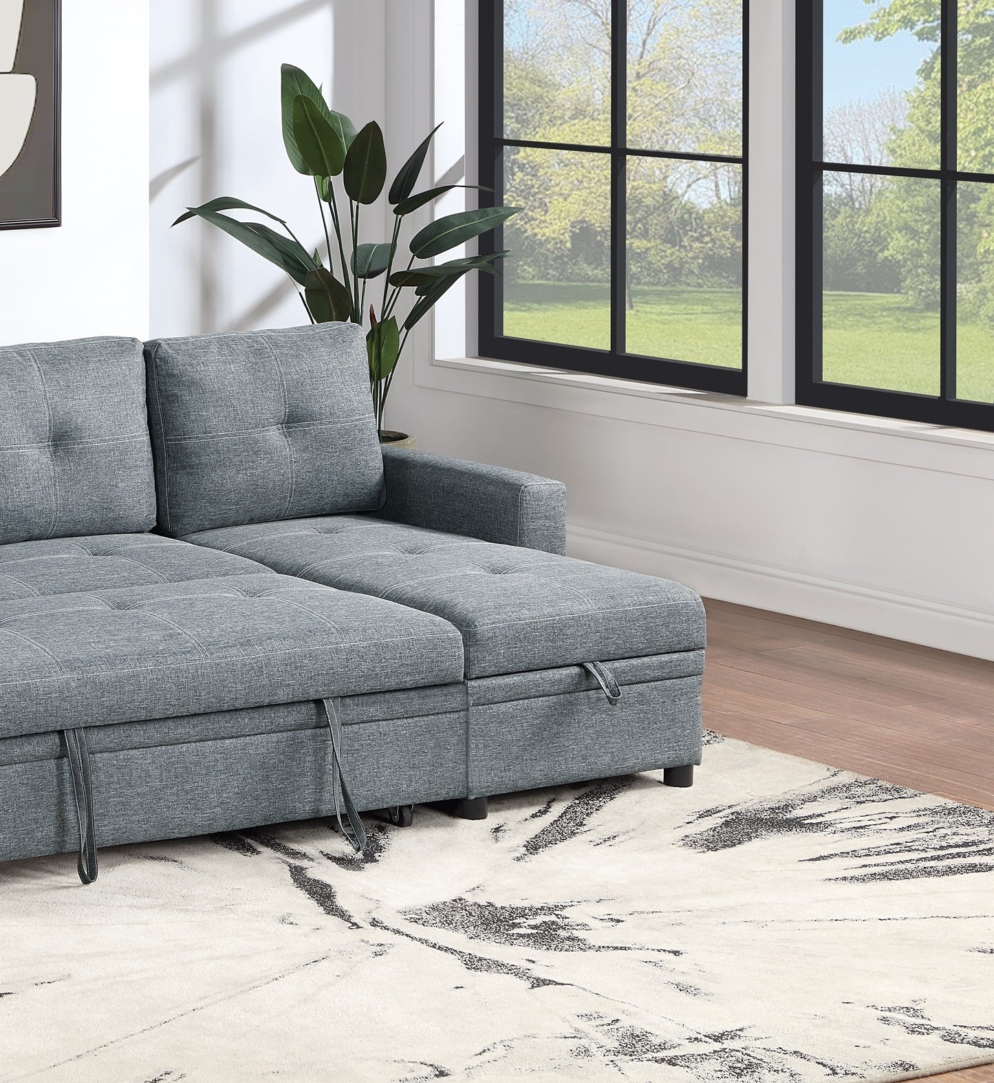 Black Gray Polyfiber Convertible Sectional Sofa Pull out Bed Couch Storage Chaise Reversible 2pc Sectional Living Room Furniture