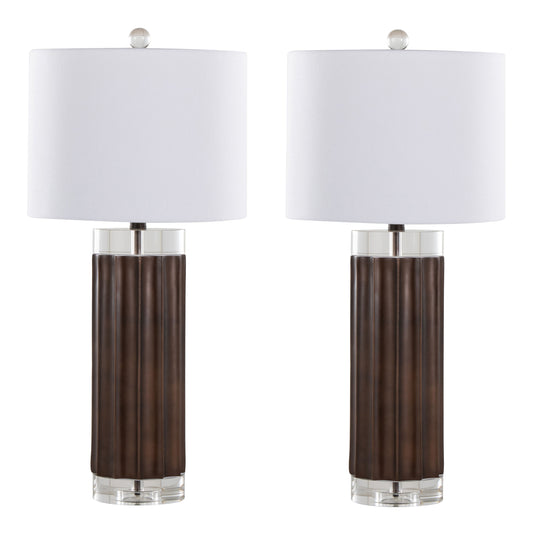 Cylinder Fluted 29.25" Contemporary Polyresin Table Lamp in Brown Lustre Polyresin, Clear K9 Crystal and White Linen Shade from Grandview Gallery by LumiSource - Set of 2