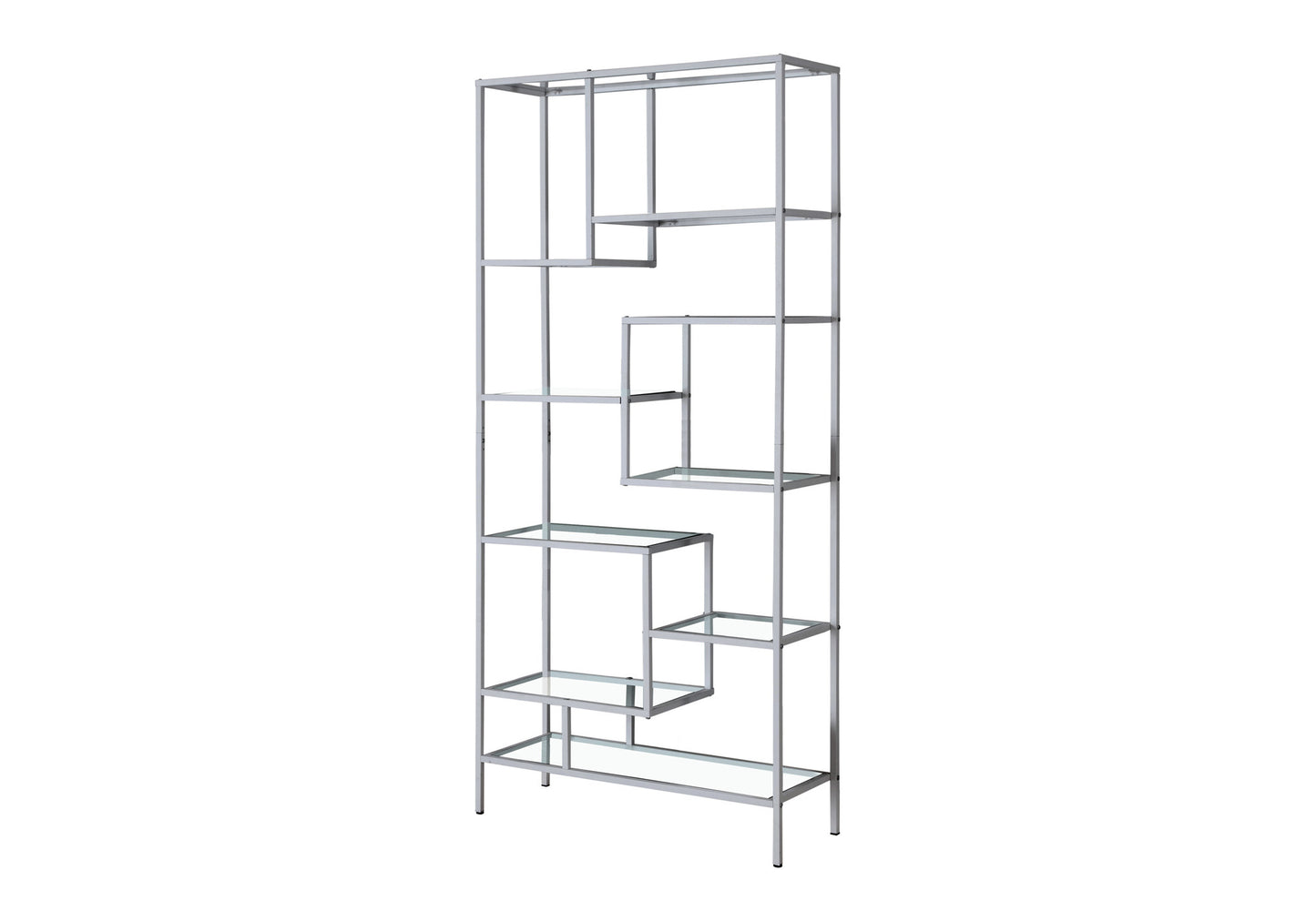 Bookshelf, Bookcase, Etagere, 72"h, Office, Bedroom, Clear Tempered Glass, Grey Metal, Contemporary, Modern