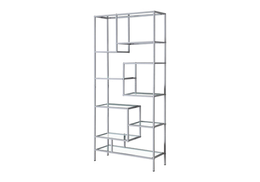 Bookshelf, Bookcase, Etagere, 72"h, Office, Bedroom, Clear Tempered Glass, Grey Metal, Contemporary, Modern