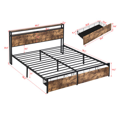 Queen Bed Frame, Storage Headboard with Charging Station, Solid and Stable, Noise Free, No Box Spring Needed, Easy Assembly