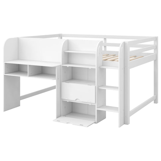 White Full Size Low Loft Bed with Built-in Desk, Storage Cabinets, Open Bookcase and Doodle Whiteboard, Pine+MDF