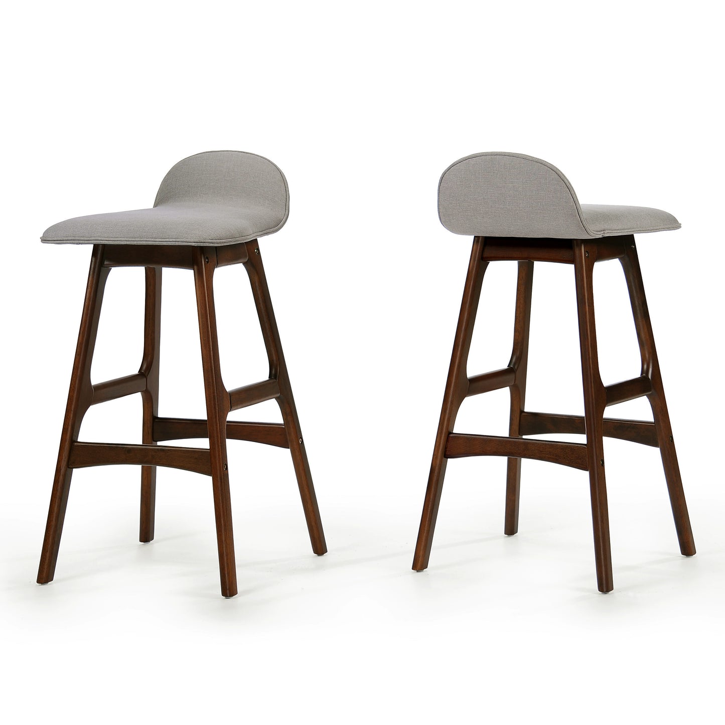 28.5" Mid-Century Modern Upholstered Low Back Barstools (Set of 2), Light Gray, Natural Walnut Finish