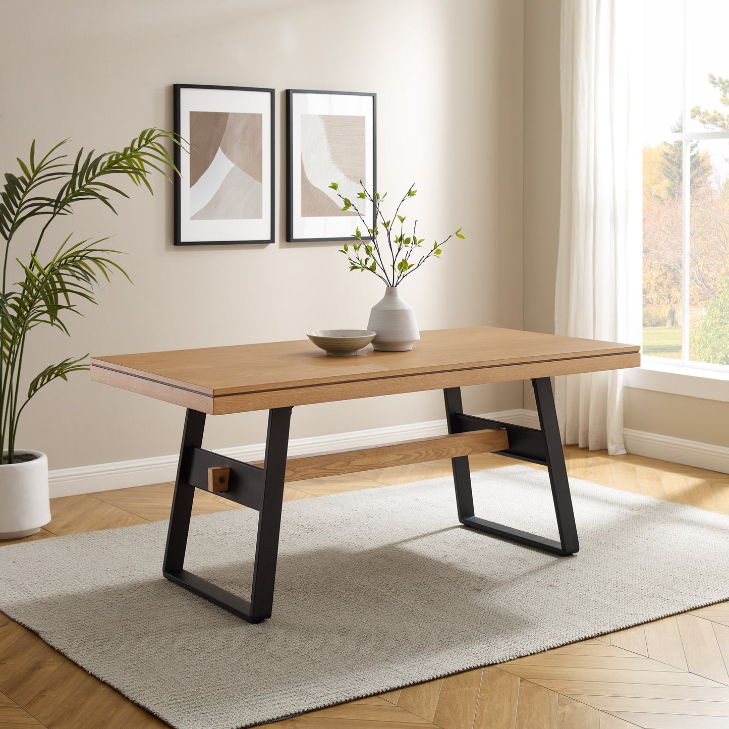 Modern Industrial Metal and Wood Large Dining Table – Light Oak