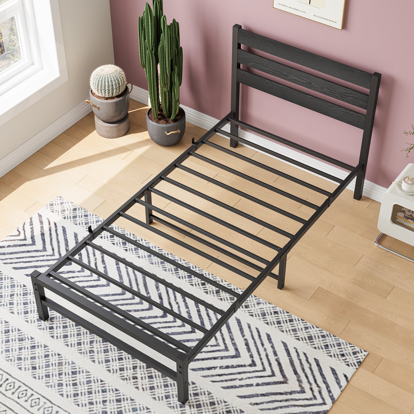 Twin Size Platform Bed Frame with Rustic Vintage Wood Headboard, No Box Spring Needed Black