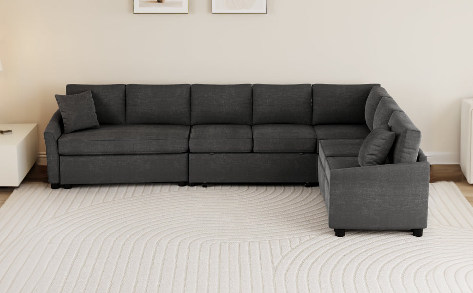 124.8"L-shaped Sofa Convertible Sofa Bed Pull Out Sofa Sleeper with Two Back Pillows, Two USB Ports and Two Power Sockets for Living Room, Gray (Old SKU:SG000890AAE)