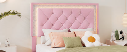 Twin Size Upholstered Bed Frame with LED Lights,Modern Velvet Platform Bed with Tufted Headboard,Pink