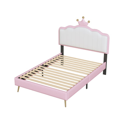 Twin size Upholstered Princess Bed With Crown Headboard,Twin Size Platform Bed with Headboard and Footboard with Light Strips,Golden Metal Legs, White+Pink