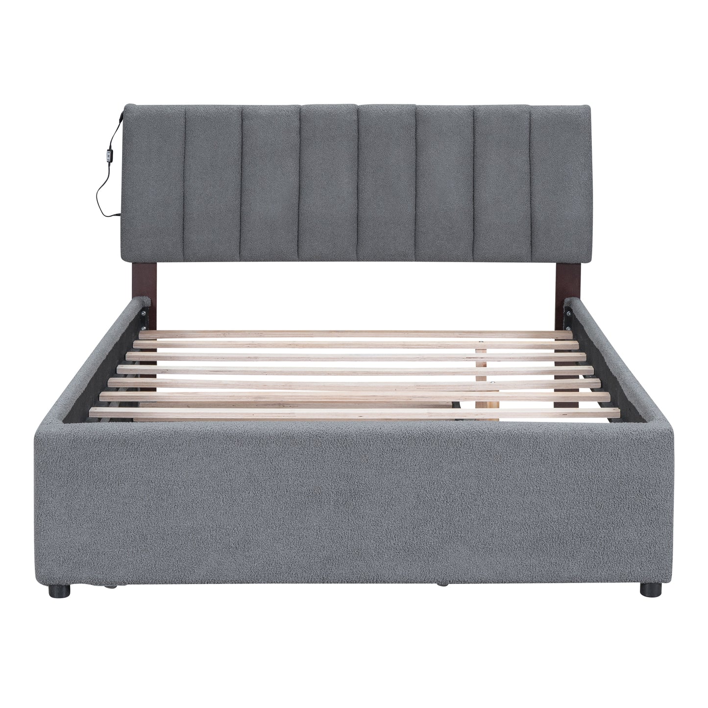 Teddy Fleece Full Size Upholstered Platform Bed with Twin size Trundle, Gray