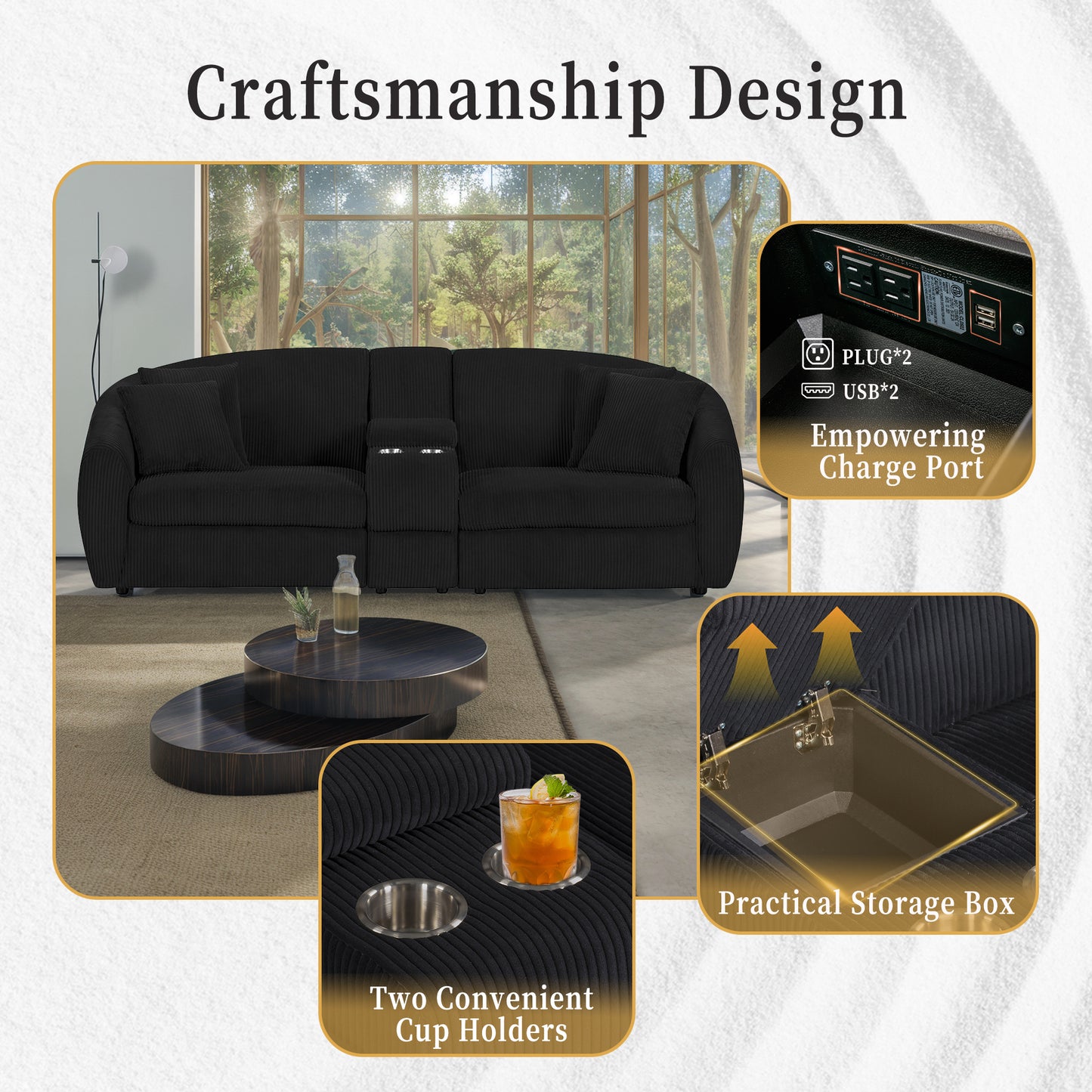 UNITED WE WIN corduroy fabric, two cup holders, storage, oversized two-seat, solid wood frame, high quality sponge filling, curved placement sofa