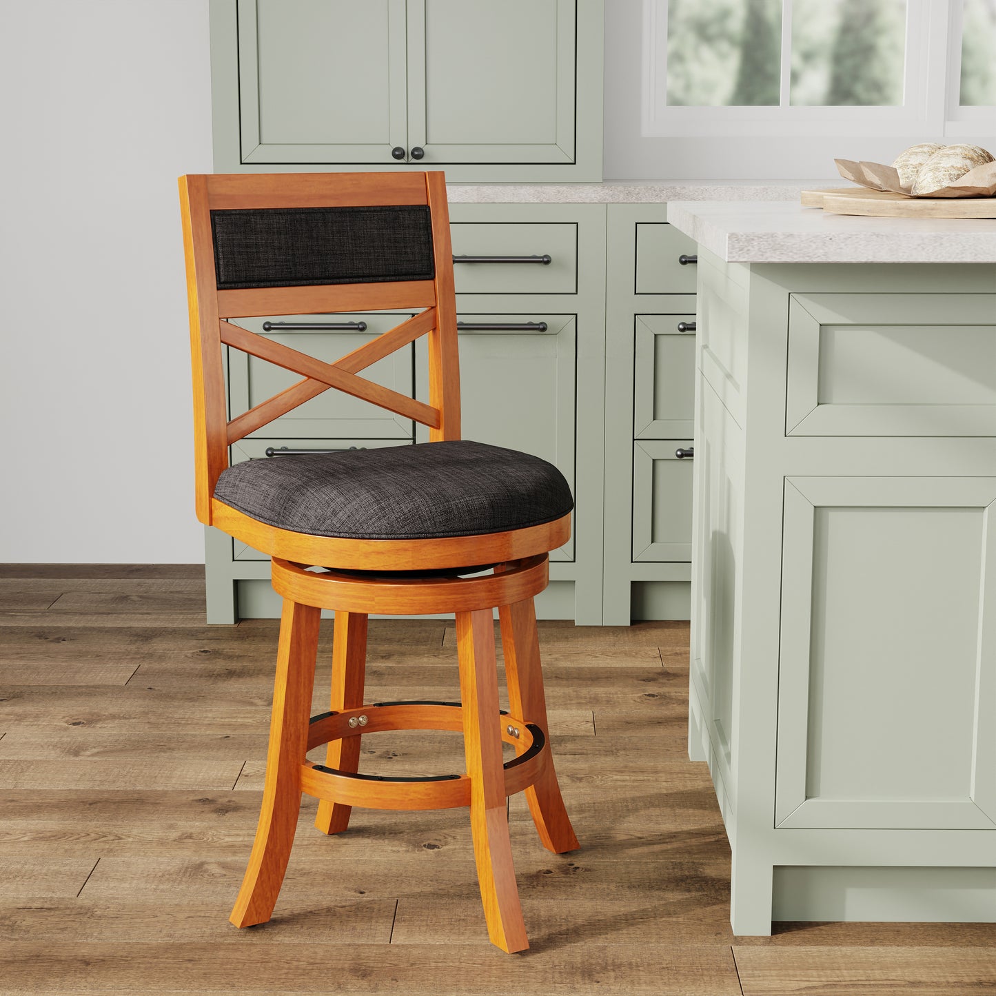 24" Counter Height X-Back Swivel Stool, Natural Finish, Charcoal Fabric Seat