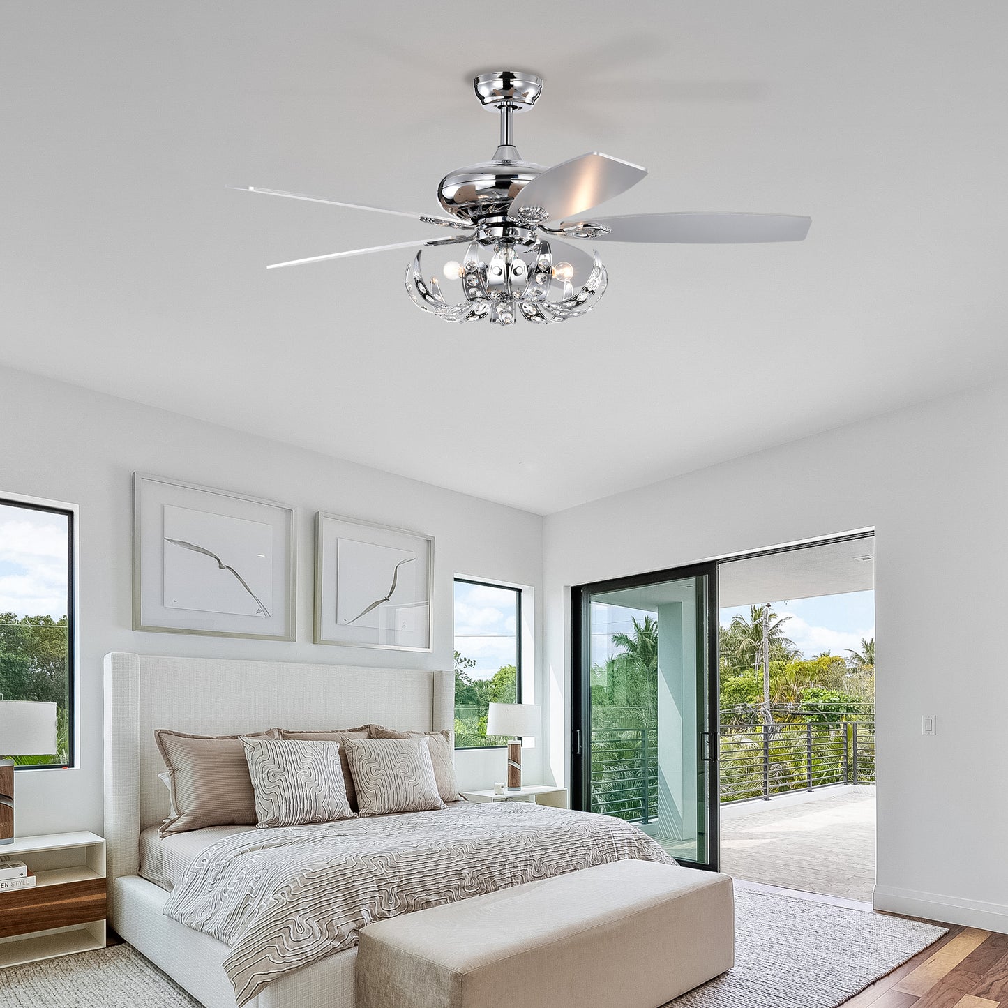 52" Crystal Ceiling Fan with 5 Reversible Blades Light Kit and Remote Control, 3-Speed (High, Mid,Low) Adjustable for Living Room, Bedroom, Kitchen