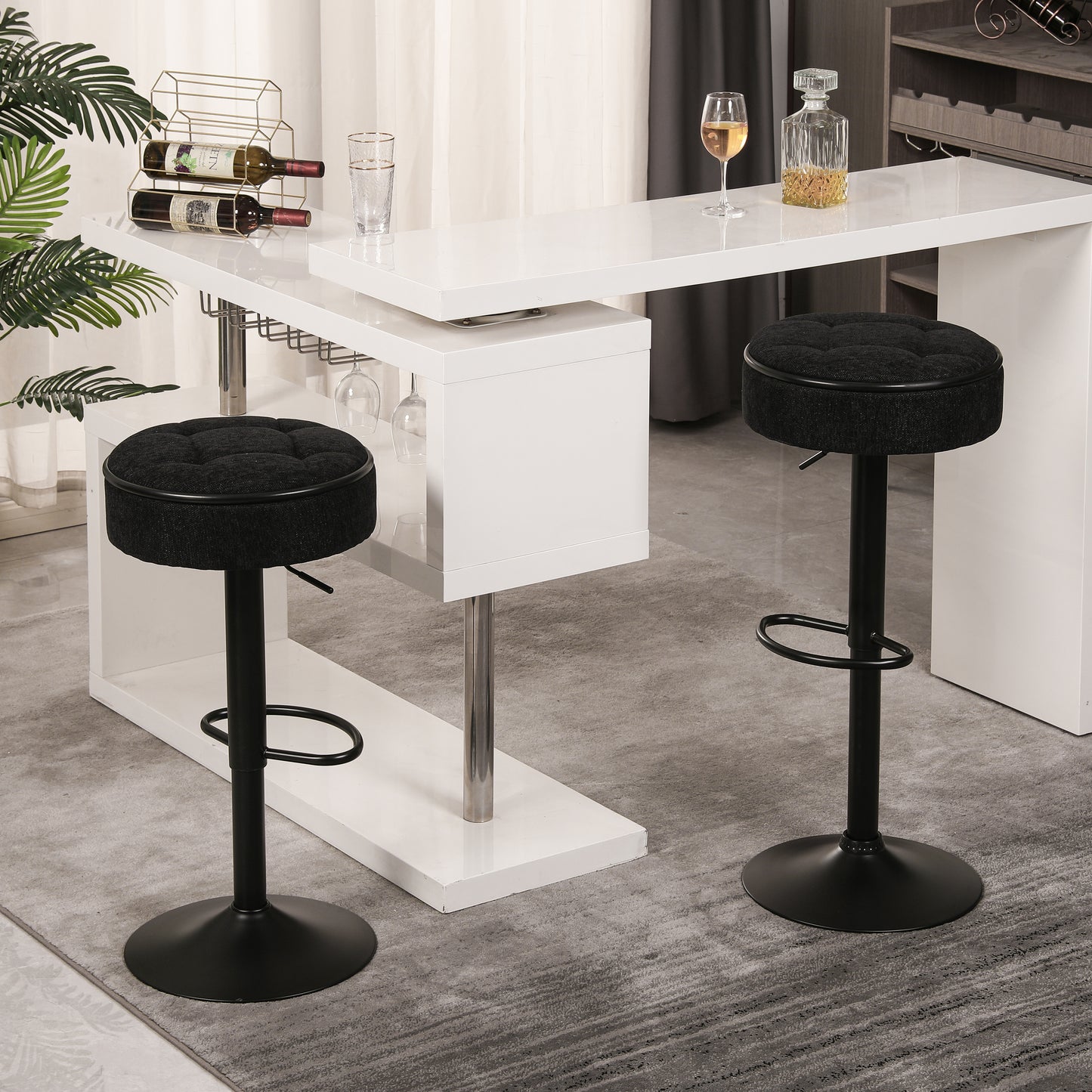 Round Storage Bar Stool Set of 2, Black Linen Height Adjustable Barstool, 360°Counter Height Swivel Stool, Armless Bar Chair with Metal Frame for Kitchen Counter Dining Living Room