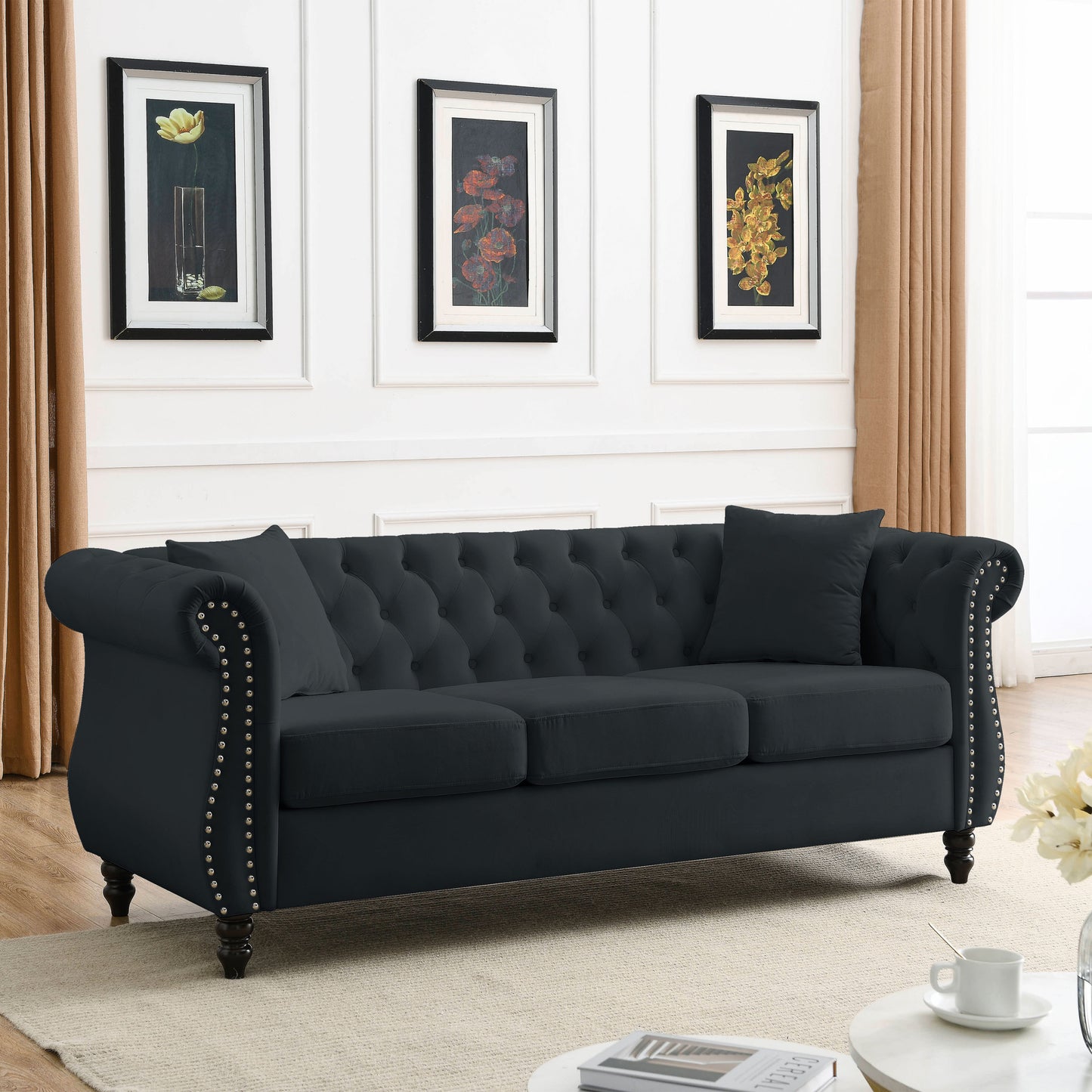 [Video] 80" Chesterfield Sofa Black Velvet for Living Room, 3 Seater Sofa Tufted Couch with Rolled Arms and Nailhead for Living Room, Bedroom, Office, Apartment, two pillows