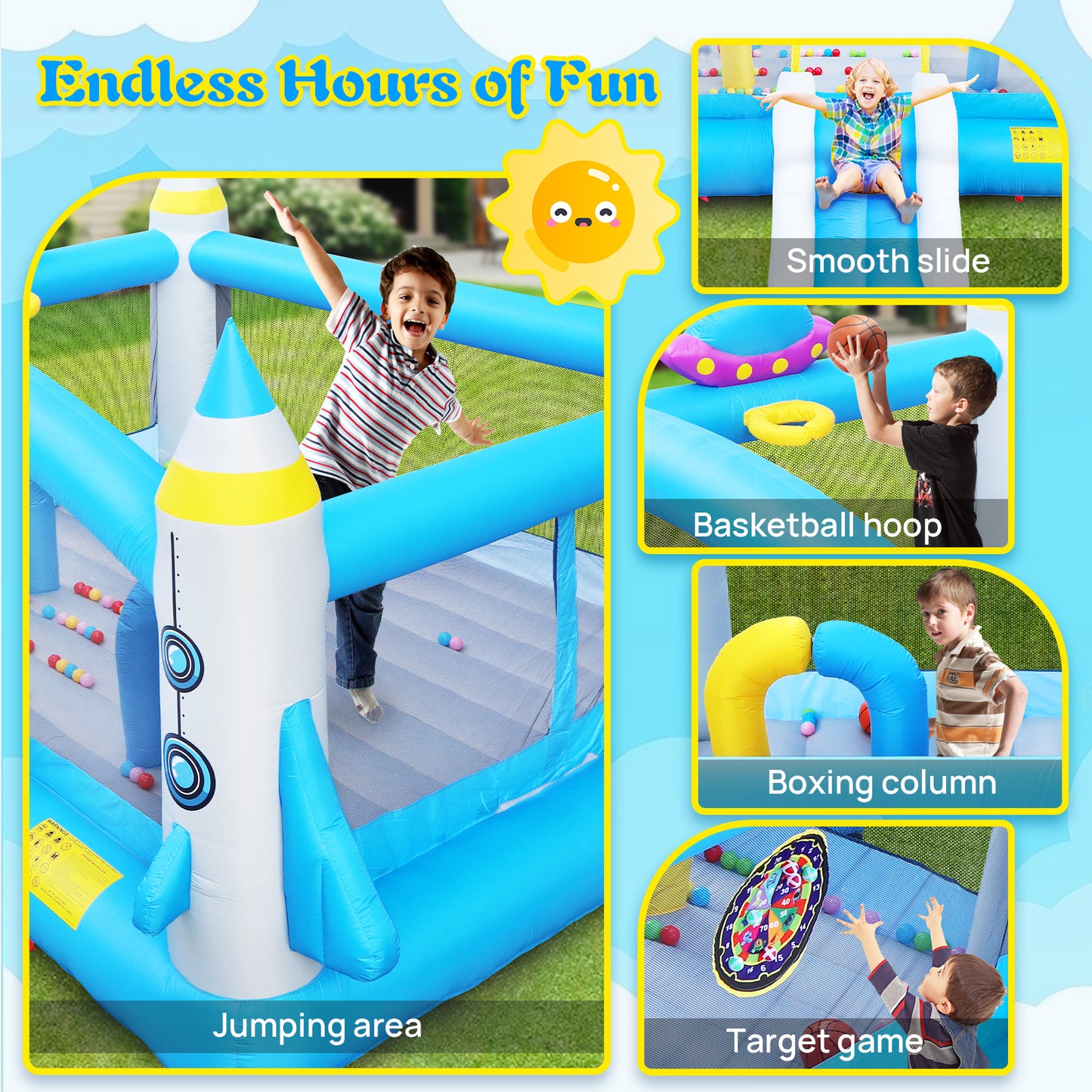 Multifunctional Jump 'n Slide Inflatable Bouncer for Kids Complete Setup with Blower - 198" x 180" Play Area - 96" Tall