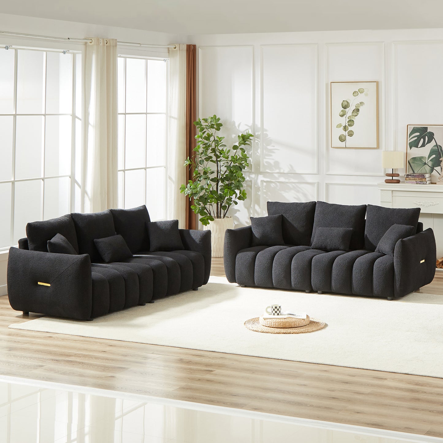 3 Seater + 3 Seater Combo Sofa Modern Living Room Sofa, Teddy Sofa, Wooden Frame, 6 Cushions, Apartment Sofa Furniture