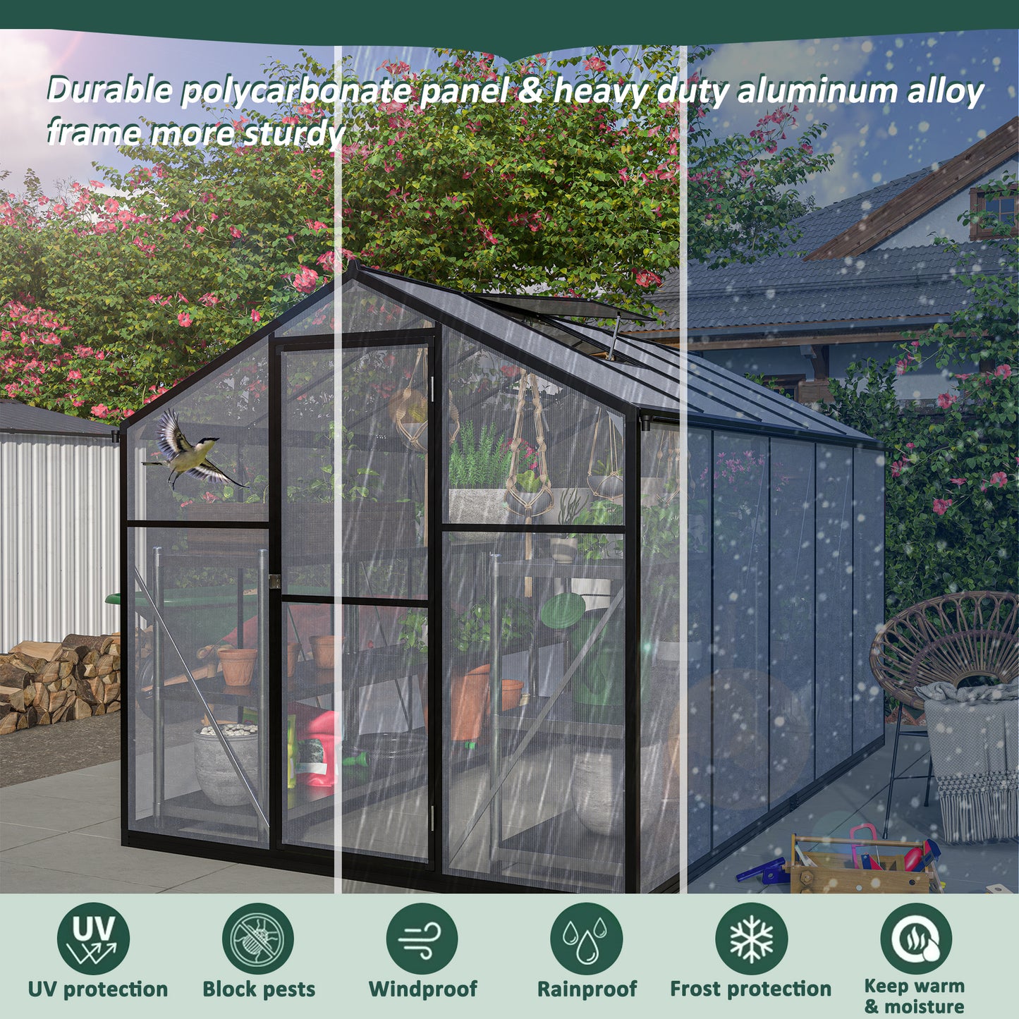 6x10 ft Outdoor Polycarbonate Greenhouse Kit with Aluminum Frame, Walk-in Garden Green House with  Lockable Door & Adjustable Roof Vent, Backyard, Patio