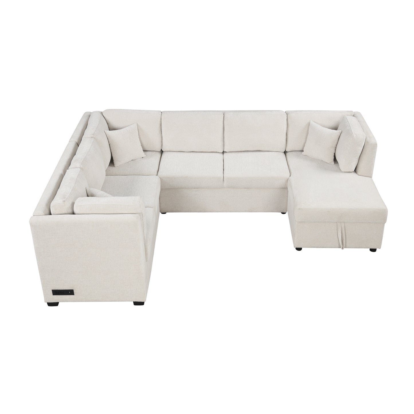 108.6" U-shaped Sectional Sofa Pull out Sofa Bed with Two USB Ports, Two Power Sockets, Three Back Pillows and a Storage Chaise for Living Room, Beige