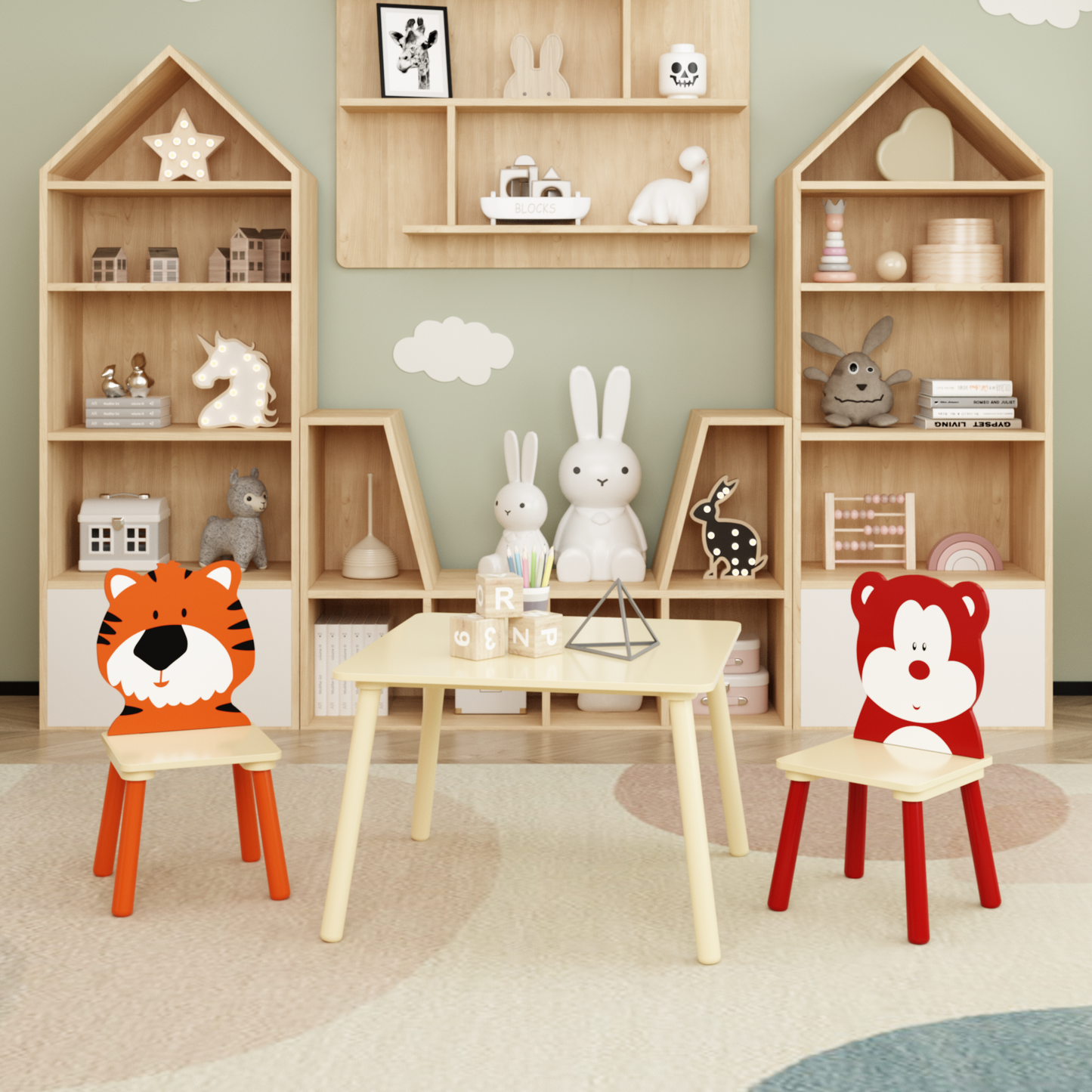 Kids Table and 2 Chairs Set, 3 Pieces Toddler Table and Chair Set, Wooden Activity Play Table Set (Bear&Tiger)