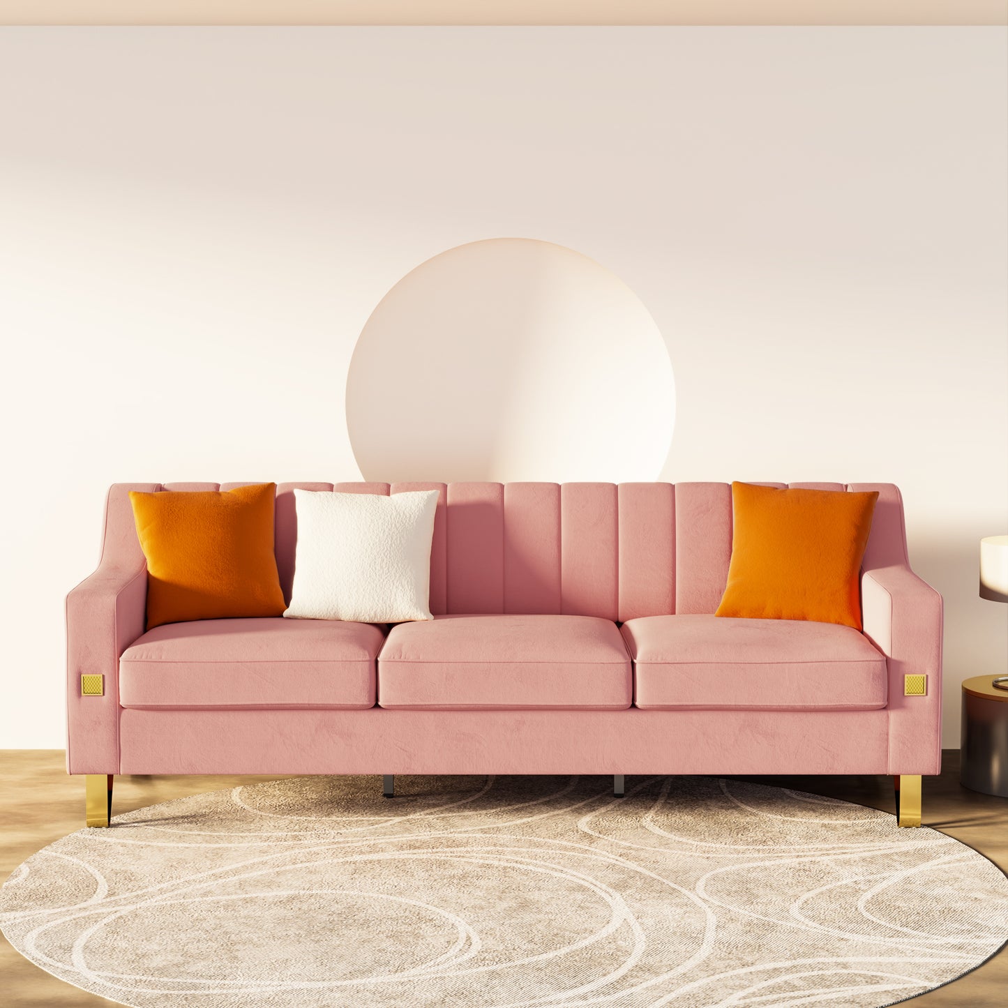 FX-P85-3S-PK (3 SEATS SOFA) Luxury pink Velvet Sofa with Gold Accents - Modern 3-Seat Couch with Plush Cushions, Perfect for Living Room and Office Decor(TEMU Suitable)