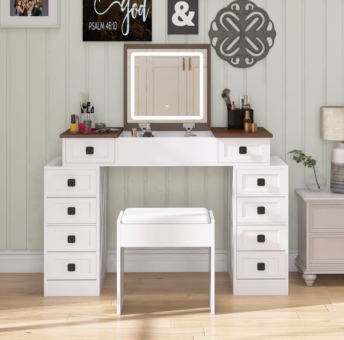 Vanity Desk with Dimmable LED Light with 10 Drawers, Makeup Table with Flip Up Mirror for Space-saving,Large Storage Vanity Table Set with Stool and Drawers, White+Walnut Finish