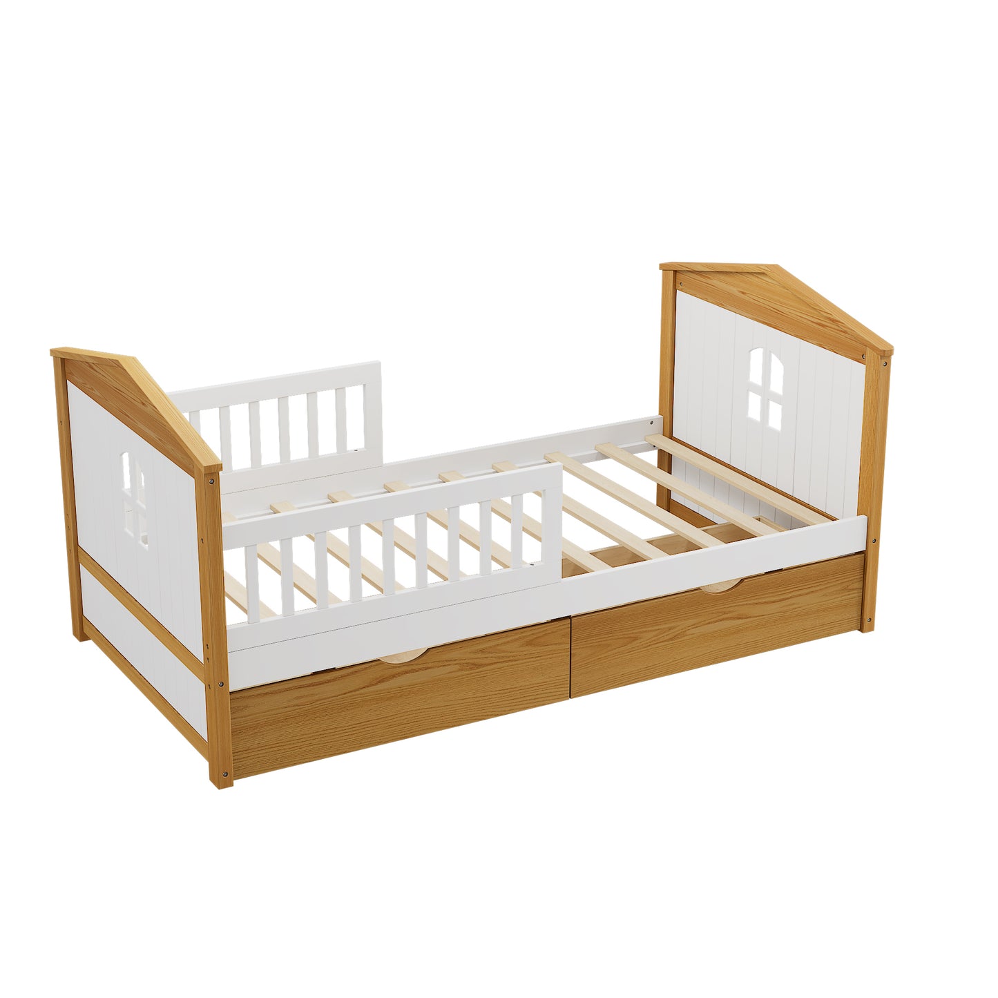 Twin Size House Shape Bed with Drawers and Safety Fence Guardrails Bed Toddler Bed for Girls Boys,No Box Spring Needed, Walnut and White