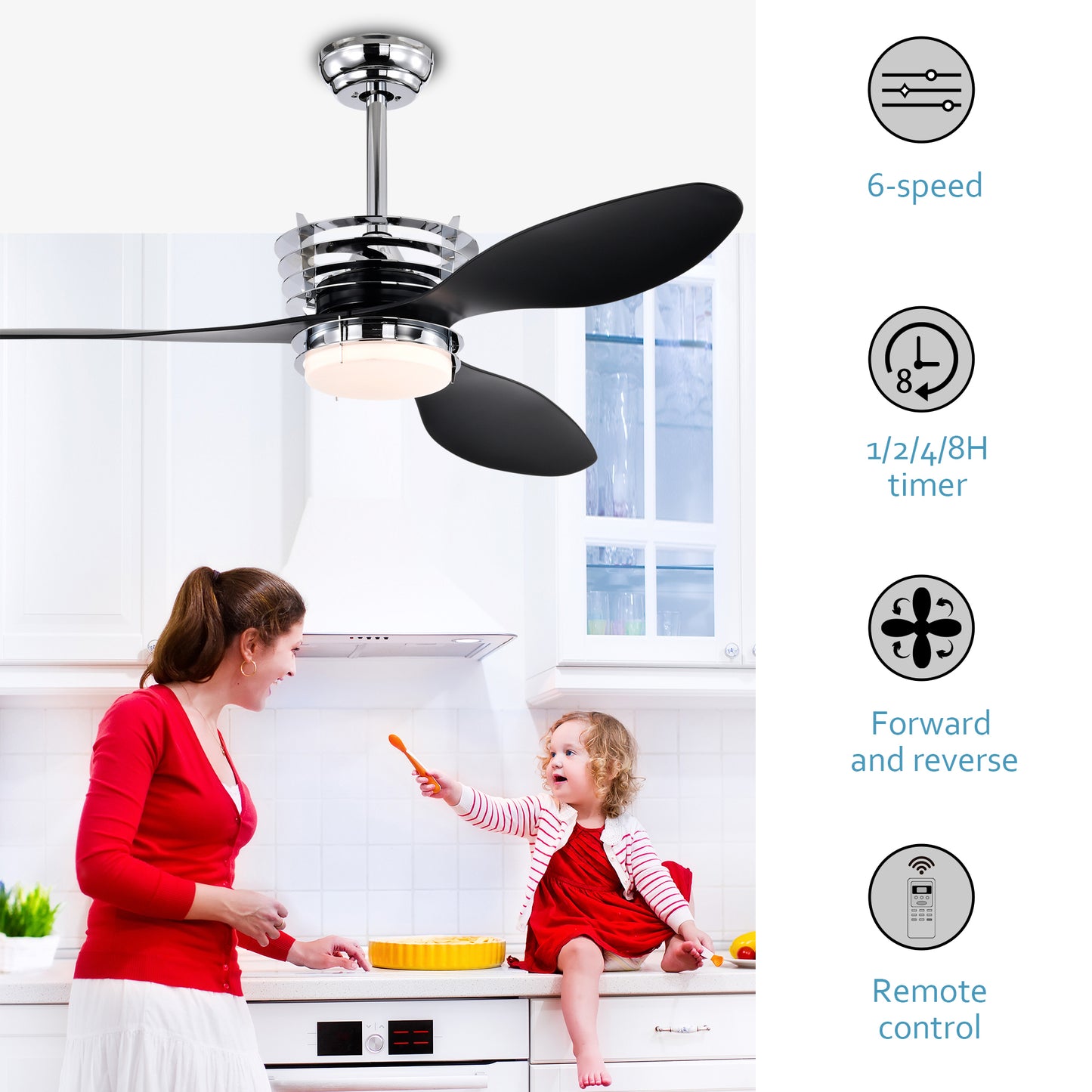 52'' ABS Blades Ceiling Fan with Lights and DC Remote, DC Motor Modern Ceiling Fan with 3 ABS Fan Blades & 2 Down Rods, Indoor Ceiling Fan with Light for Bedroom,Living room