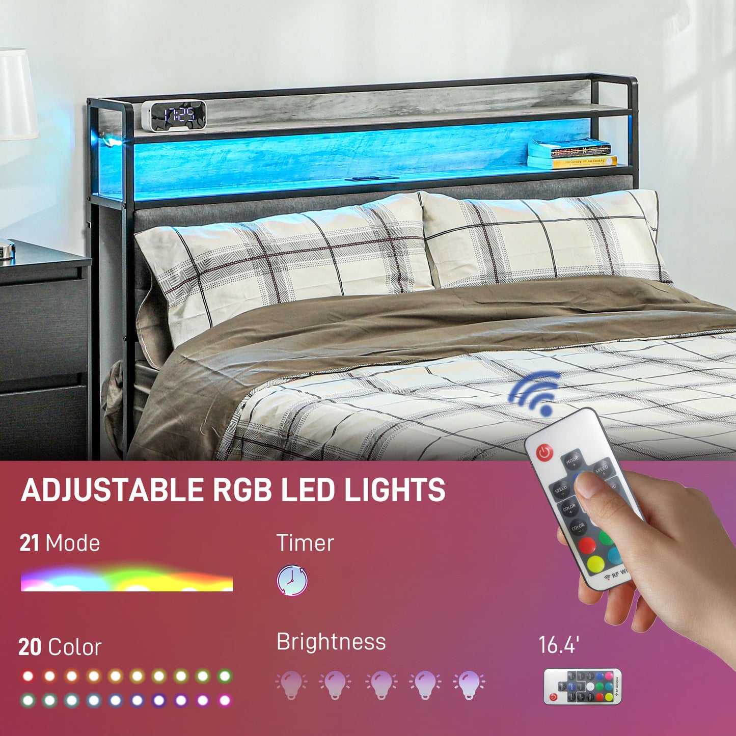 HOMCOM Full Size Bed Frame with Storage Headboard, Upholstered Platform Bed Frame with LED Lights, Charging Station, Steel Slats, Noise-Free & Easy Assembly, No Box Spring Needed, Cement Gray