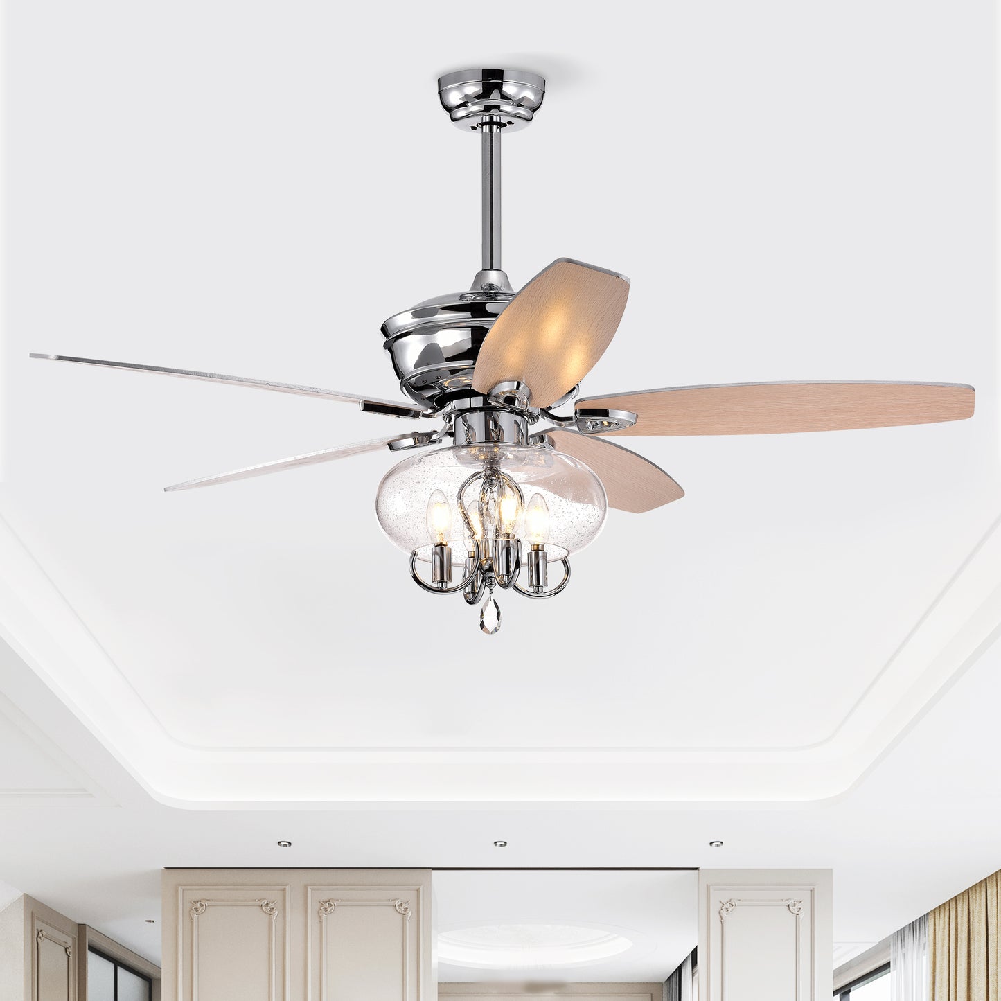 52" Crystal  Chandelier Fan with Remote, Classic, Glam, Traditional, Transitional for Home, Kitchen, Dining Room, Guest Room, Living Room, Chrome