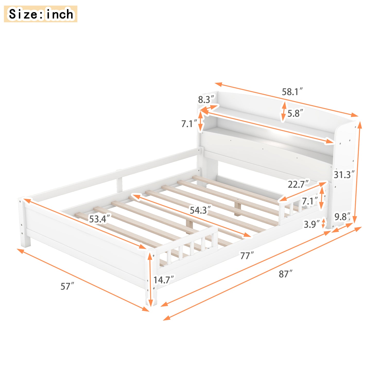 Wood Full Size Platform Bed with Built-in LED Light, Storage Headboard and Guardrail, White