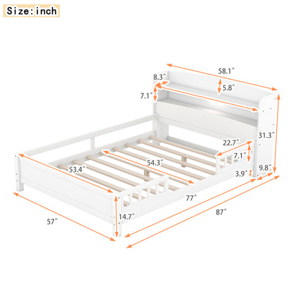 Wood Full Size Platform Bed with Built-in LED Light, Storage Headboard and Guardrail, White